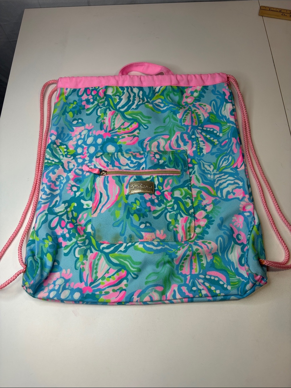 Lilly Pulitzer Blue Pink Tropical Drawstring Backpack Book Bag with handles
